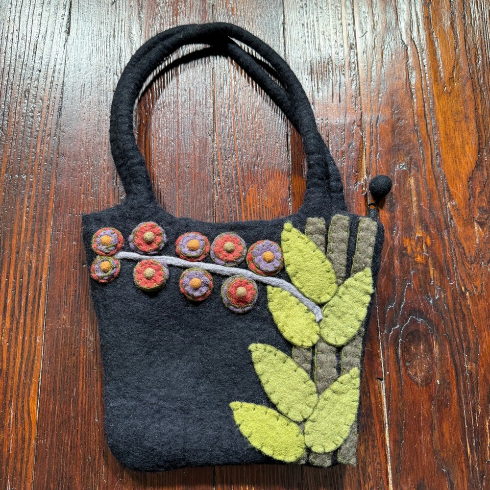 Rising Tide Purse Floral Wool Felted Shoulder Bag Black Handmade Nepal Boho